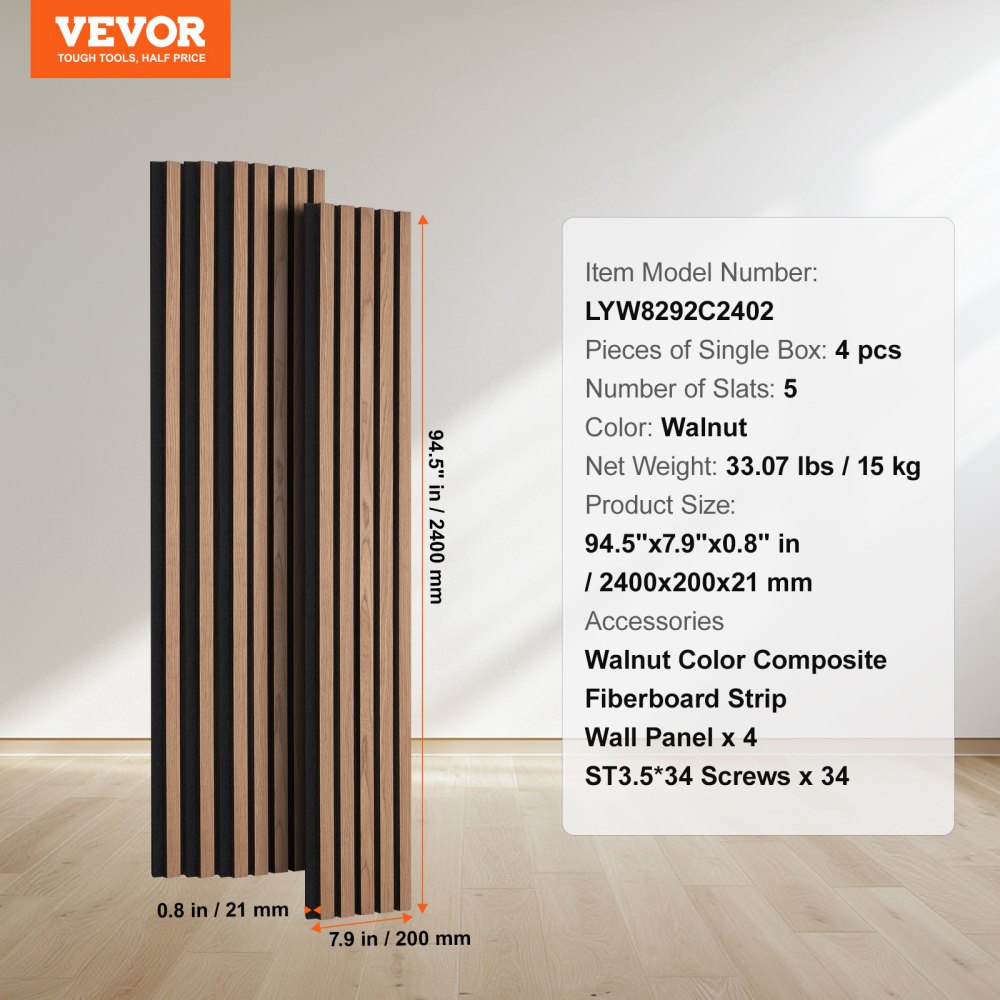 Walnut wood slat acoustic panels measuring 94.5"x7.9" for wall decor and noise reduction.