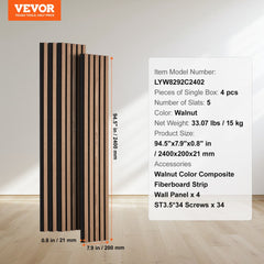 Walnut wood slat acoustic panels measuring 94.5"x7.9" for wall decor and noise reduction.