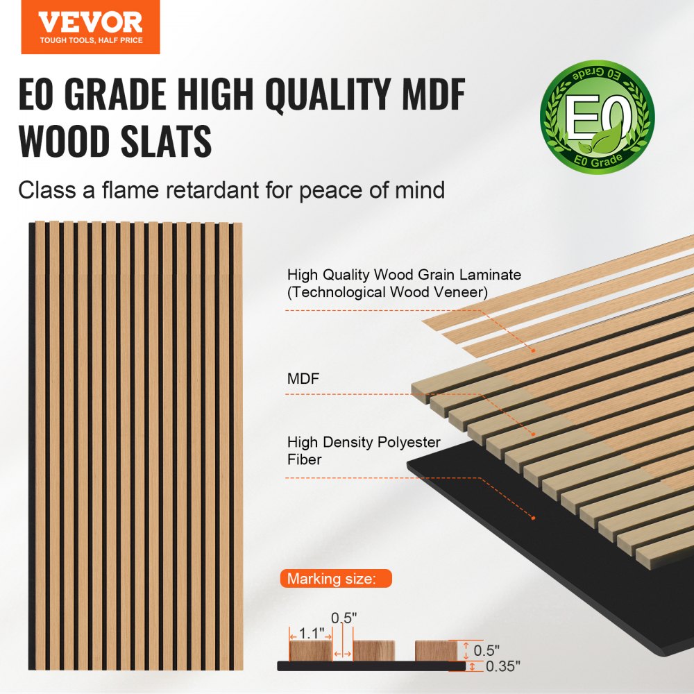 Light Oak acoustic panel with 15 slats, measuring 23.6" x 47.2", designed for noise reduction.