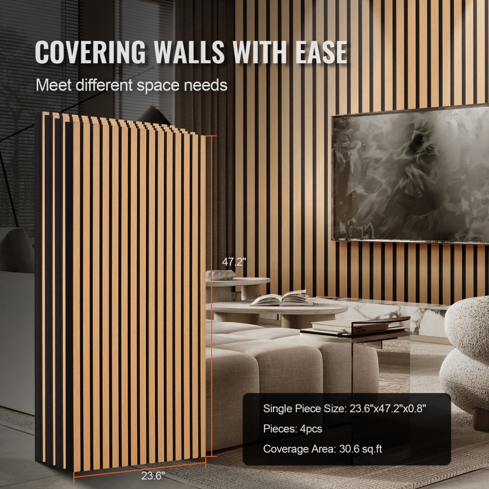 Light Oak acoustic panel with 15 slats, measuring 23.6" x 47.2", designed for sound absorption.