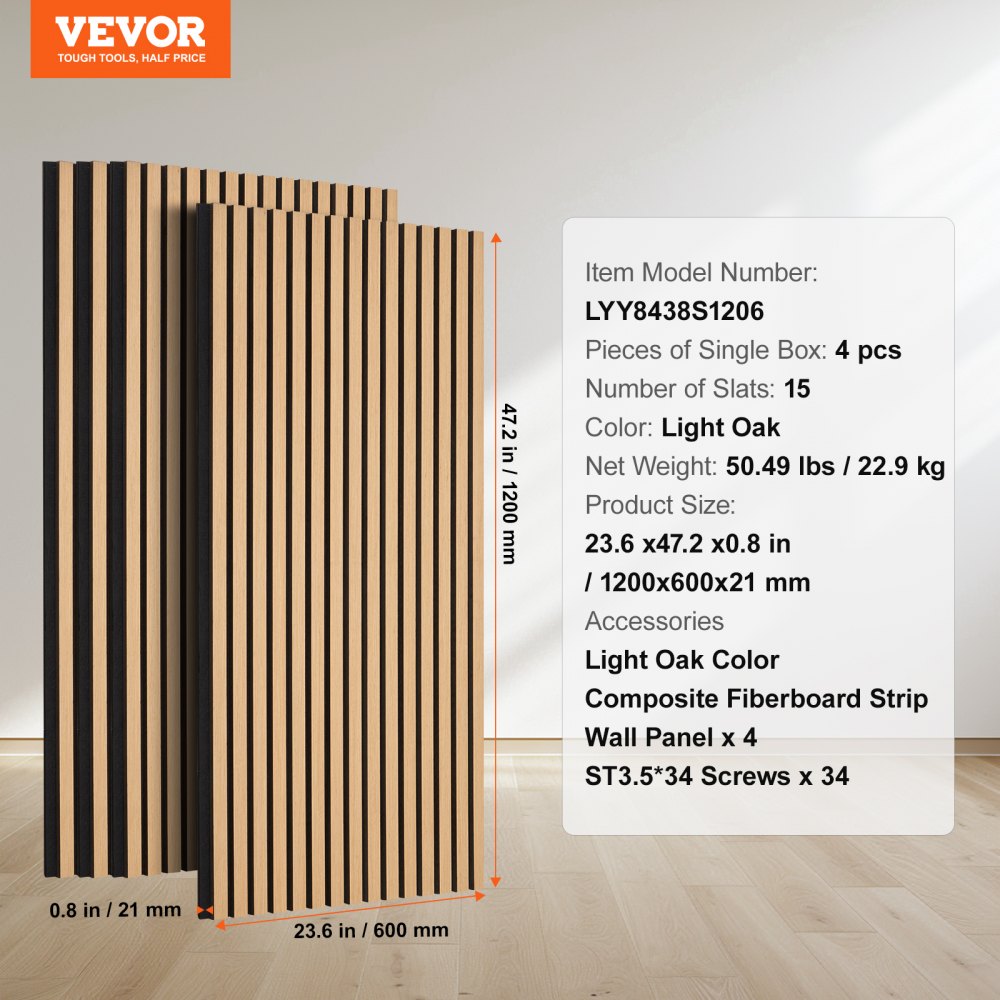 Light Oak acoustic panel with 15 slats, measuring 23.6" x 47.2", designed for noise reduction.