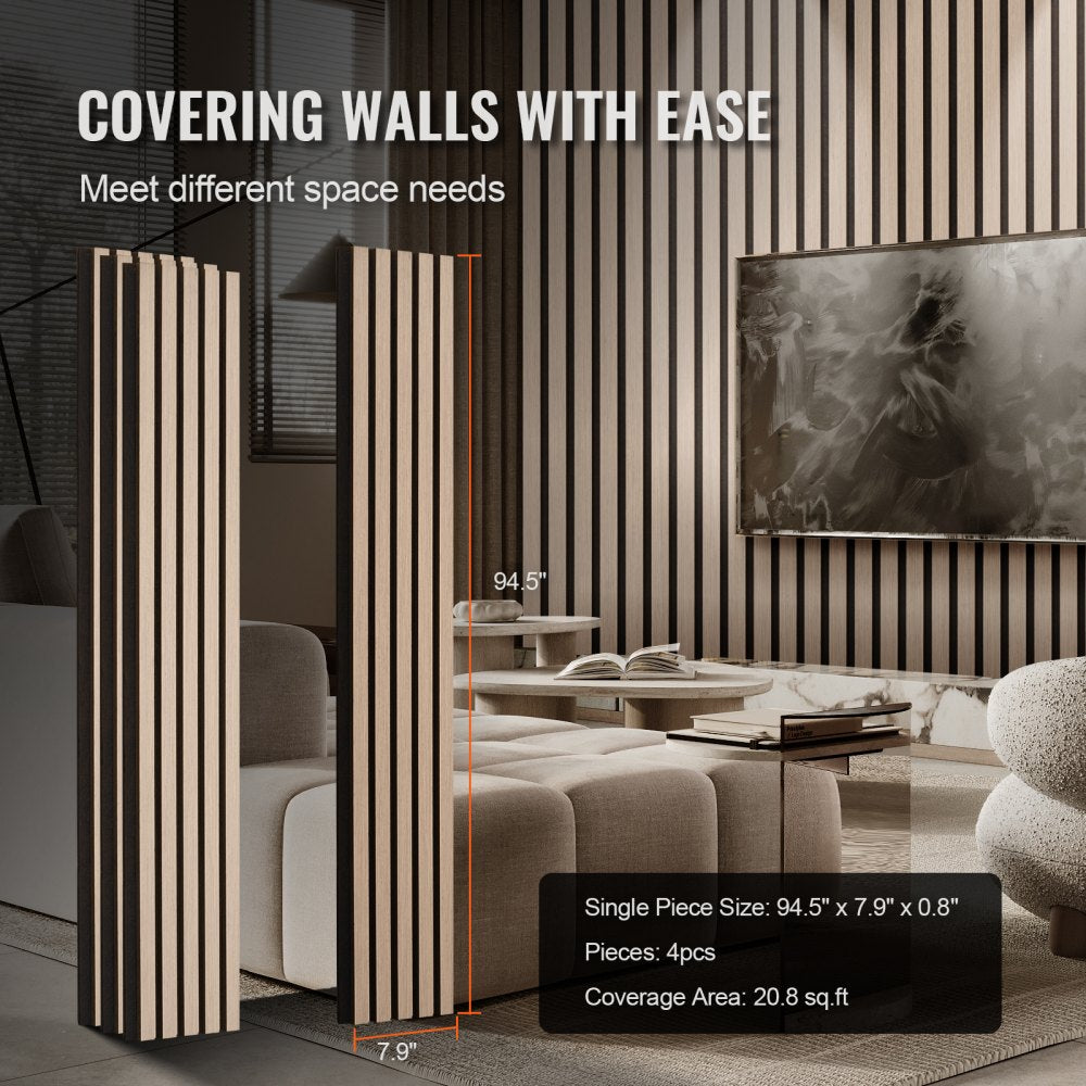 Silverwood acoustic panel with wood slats, measuring 94.5"x7.9", for wall decor.