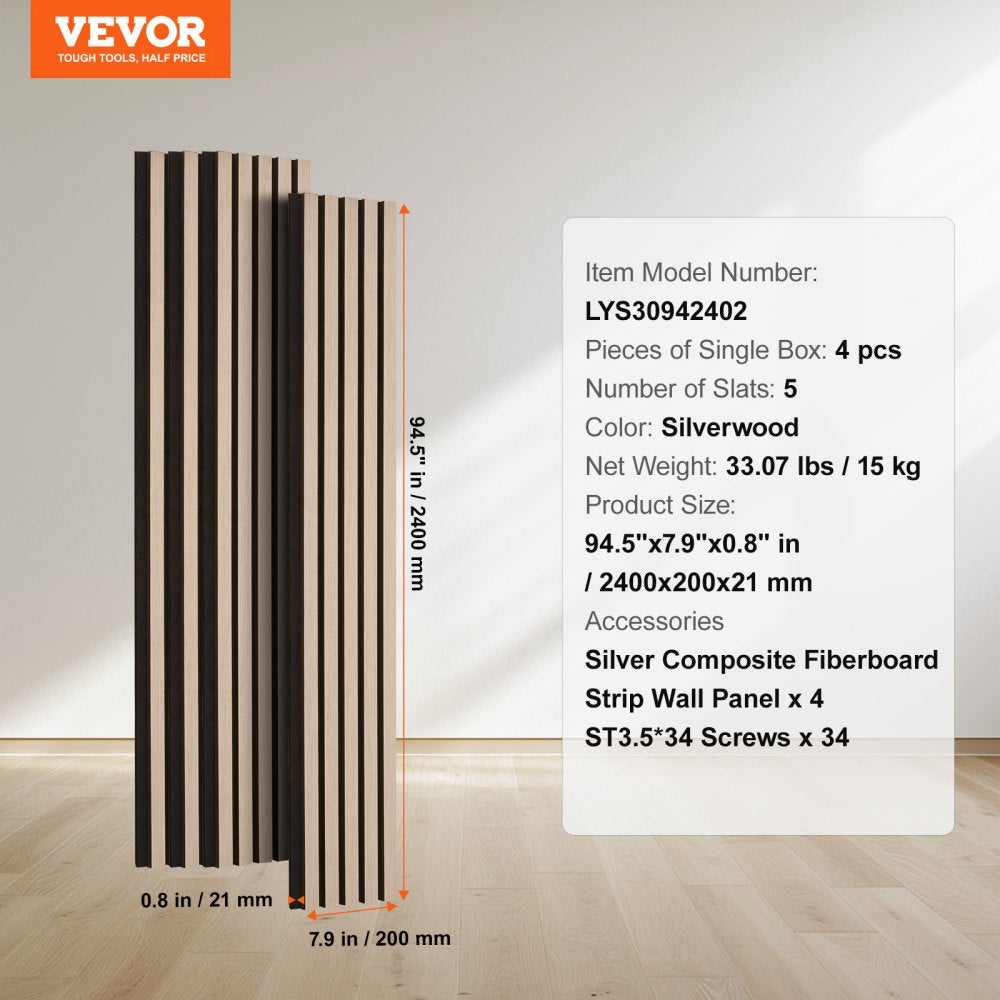 Bostome Wood Slat Acoustic Panels in Silverwood, 94.5"x7.9", with a sleek wood design.