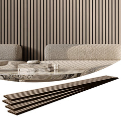 Bostome Wood Slat Acoustic Panels in Silverwood, 94.5"x7.9" with a sleek design for sound absorption.