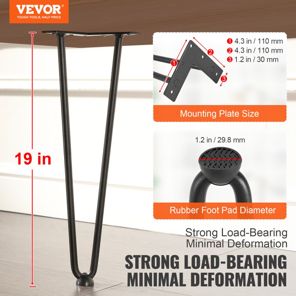 19" Hairpin Furniture Legs, Metal Home DIY Projects for Nightstand, Coffee Table, Desk, 500lbs Load Capacity with Rubber Floor Protectors, Metal Heavy Duty Sturdy Modern Table Legs, 4PCS Black
