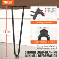 19" Hairpin Furniture Legs, Metal Home DIY Projects for Nightstand, Coffee Table, Desk, 500lbs Load Capacity with Rubber Floor Protectors, Metal Heavy Duty Sturdy Modern Table Legs, 4PCS Black