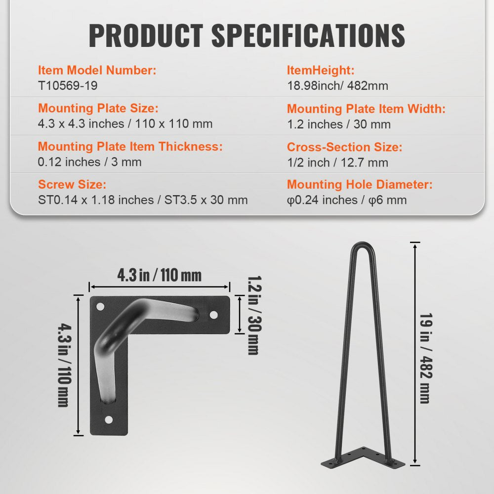 19" Hairpin Furniture Legs, Metal Home DIY Projects for Nightstand, Coffee Table, Desk, 500lbs Load Capacity with Rubber Floor Protectors, Metal Heavy Duty Sturdy Modern Table Legs, 4PCS Black