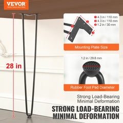28" Hairpin Furniture Legs, Metal Home DIY Projects for Nightstand, Coffee Table, Desk, 500lbs Load Capacity with Rubber Floor Protectors, Metal Heavy Duty Sturdy Modern Table Legs, 4PCS Black
