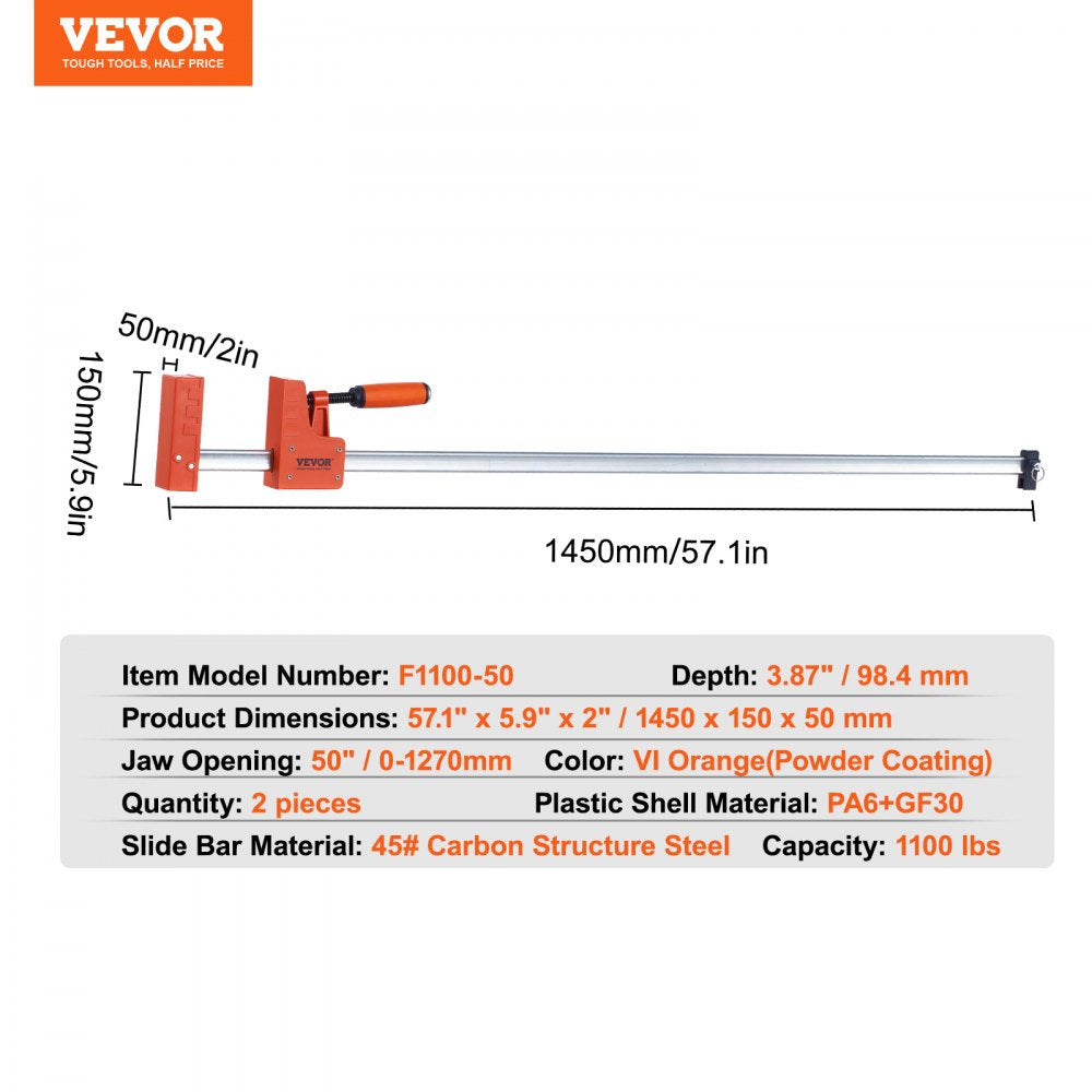 Bar Clamps for Woodworking, 2-Pack 50" Parallel Clamp Set, F Clamp with 1100 lbs Load Limit, Even Pressure, High-strength Plastic and Carbon Steel, Wood clamps for Woodworking Metal Working