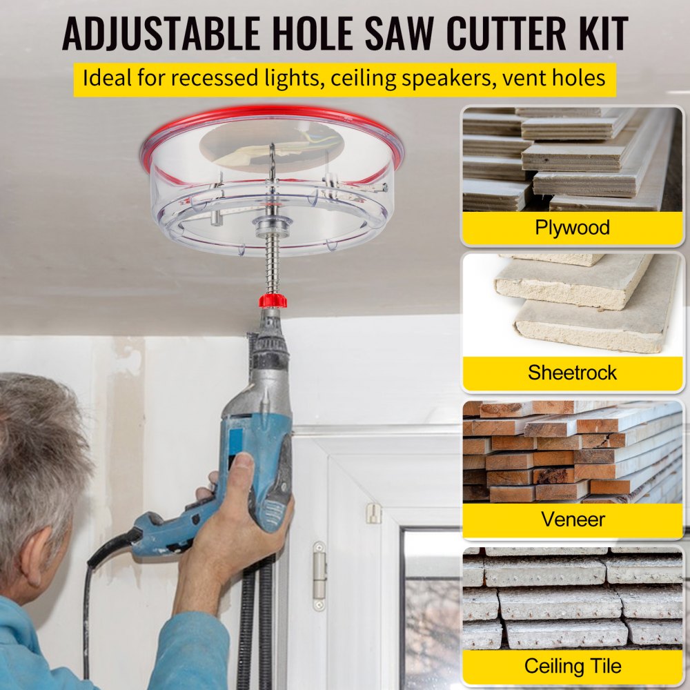 Adjustable hole saw cutter kit with dust shield, cutting from 1-5/8" to 8" in various materials.