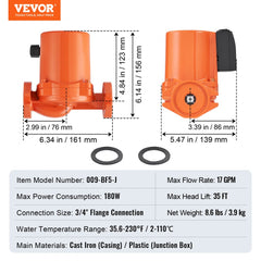 009-BF5-J Hot Water Circulation Pump 110V 180W 17 GPM Recirculating Pump