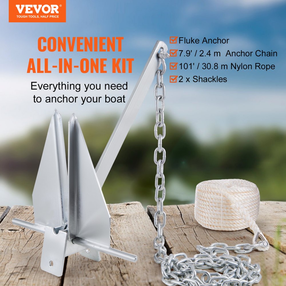 Fluke Style Anchor Kit, 13 LBS Hot-Dipped Galvanized Steel Fluke Anchor with 7.9` Chain, 101` Rope and Two 0.4" Shackles, Marine Boat Anchor for Small Vessels Under 30`, Seas, Rivers and Shores