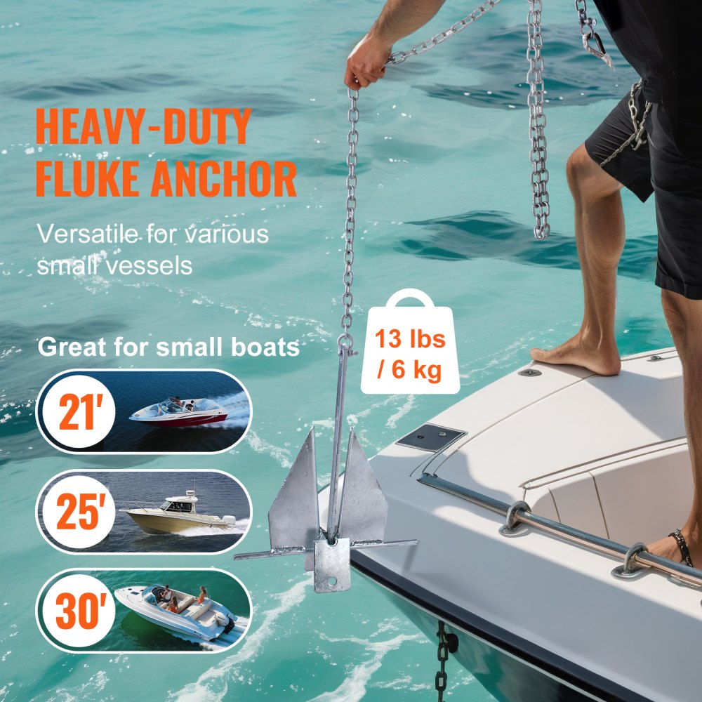 Fluke Style Anchor Kit, 13 LBS Hot-Dipped Galvanized Steel Fluke Anchor with 7.9` Chain, 101` Rope and Two 0.4" Shackles, Marine Boat Anchor for Small Vessels Under 30`, Seas, Rivers and Shores