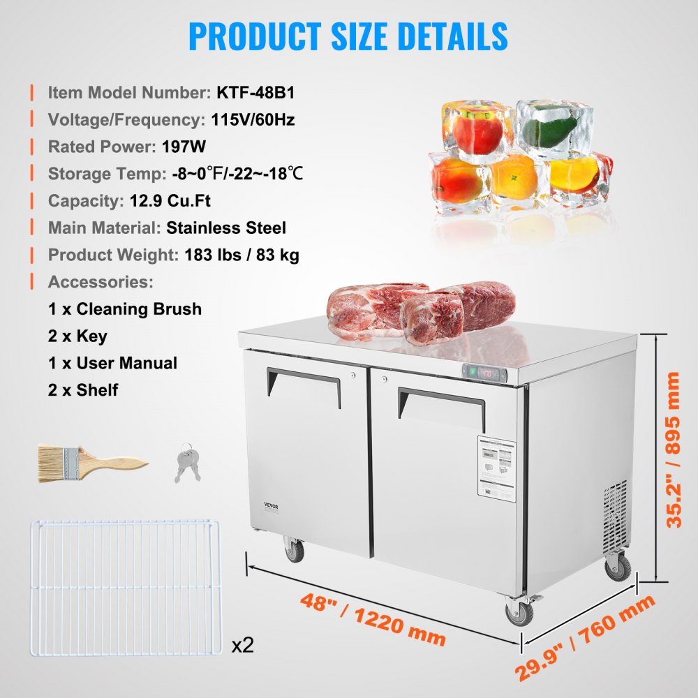 48" Commercial Frozen Refrigerator Sandwich & Salad Prep Table 12.9 Cu. Ft