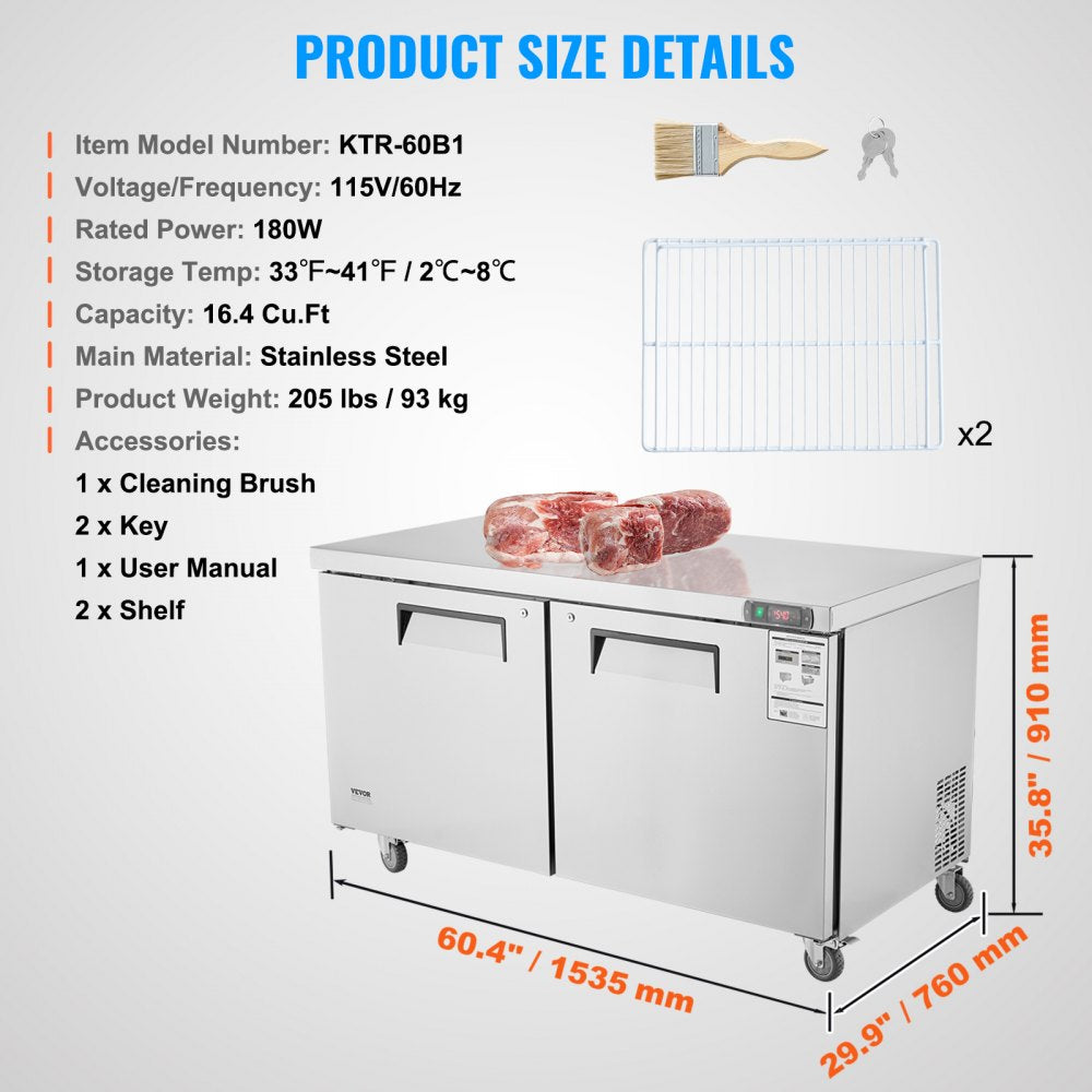 60" Commercial Refrigerator Sandwich & Salad Prep Table 16.4 Cu. Ft Fridge