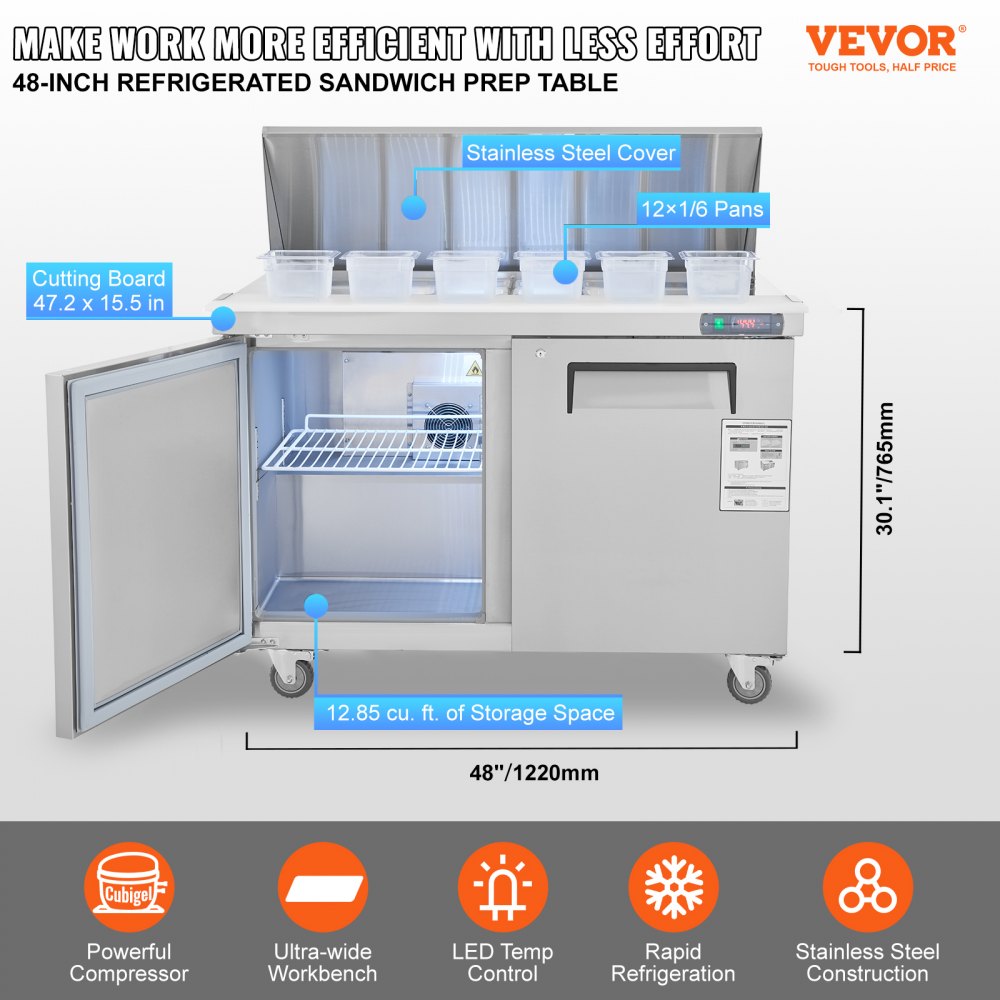 Commercial Refrigerator, 48" Sandwich & Salad Prep Table, 12.85 Cu. Ft Thick Stainless Steel Refrigerated Food Prep Station with 12 Pans Cutting Board, 2 Door Fridge for Restaurant, Bar, Shop
