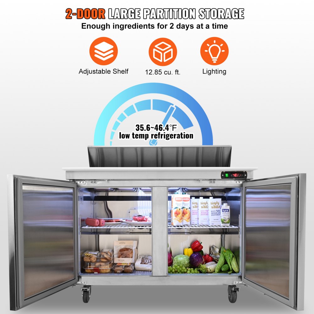 Commercial Refrigerator, 48" Sandwich & Salad Prep Table, 12.85 Cu. Ft Thick Stainless Steel Refrigerated Food Prep Station with 12 Pans Cutting Board, 2 Door Fridge for Restaurant, Bar, Shop