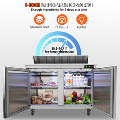 Commercial Refrigerator, 48" Sandwich & Salad Prep Table, 12.85 Cu. Ft Thick Stainless Steel Refrigerated Food Prep Station with 12 Pans Cutting Board, 2 Door Fridge for Restaurant, Bar, Shop