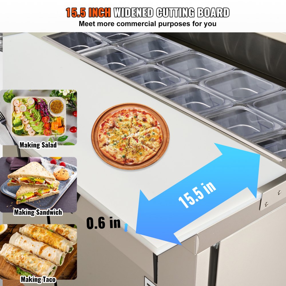 Commercial Refrigerator, 48" Sandwich & Salad Prep Table, 12.85 Cu. Ft Thick Stainless Steel Refrigerated Food Prep Station with 12 Pans Cutting Board, 2 Door Fridge for Restaurant, Bar, Shop