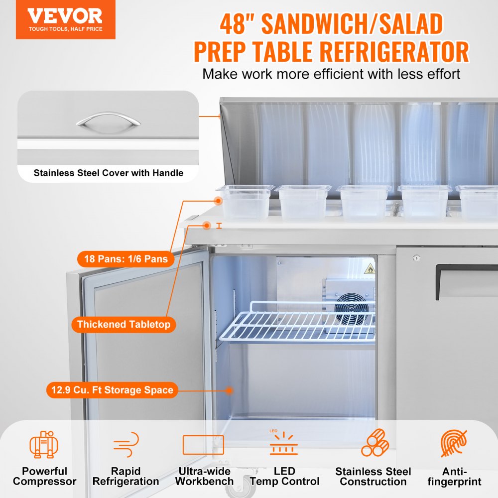 Commercial Refrigerator 48" Sandwich Salad Prep Table 2 Doors w/ 18 Pans