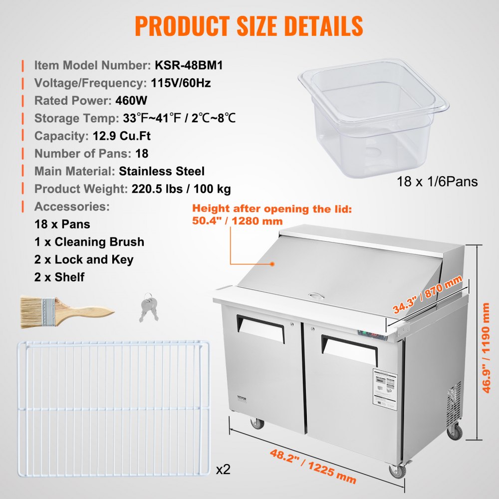 Commercial Refrigerator 48" Sandwich Salad Prep Table 2 Doors w/ 18 Pans