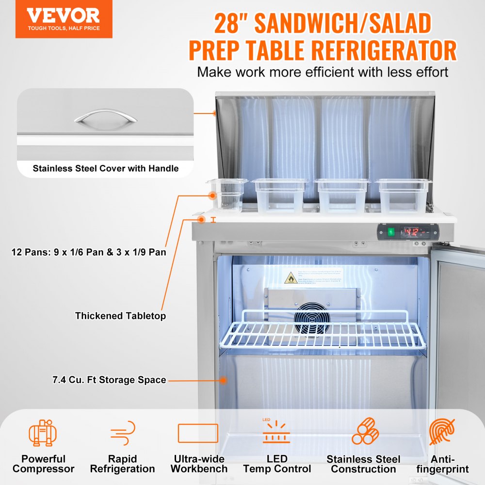 Commercial Refrigerator 28" Sandwich Salad Prep Table 1 Door with 12 Pans
