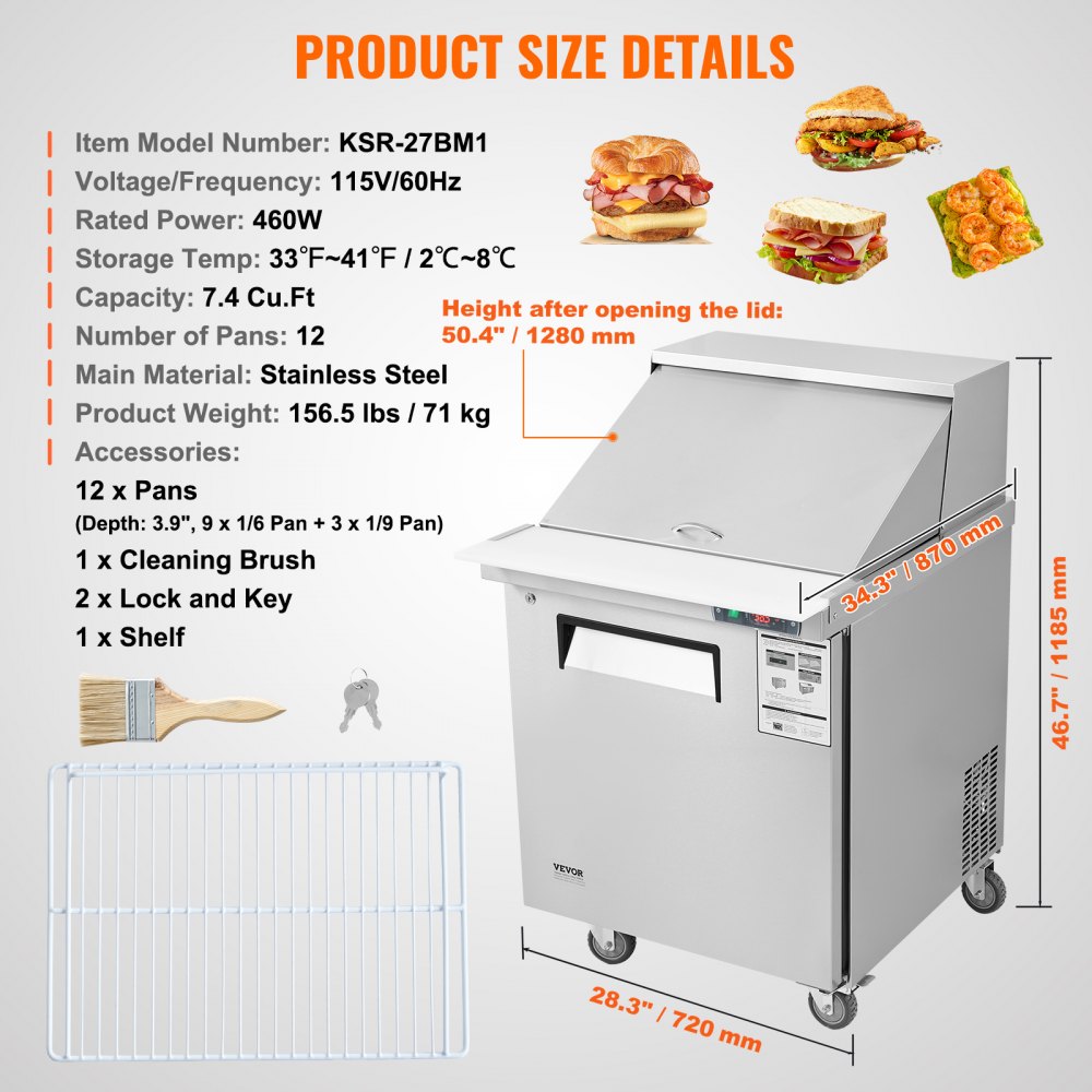 Commercial Refrigerator 28" Sandwich Salad Prep Table 1 Door with 12 Pans