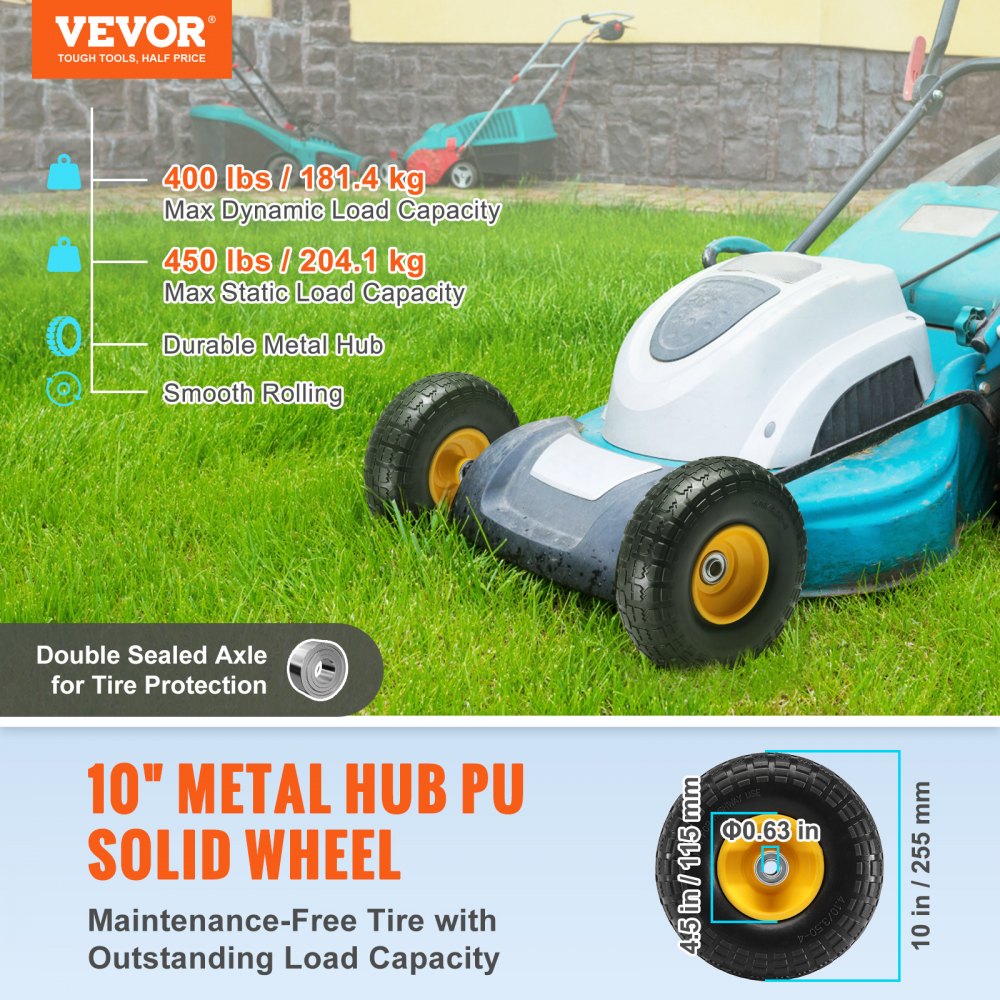 Solid PU Run-Flat Tire Wheel, 10", 2-Pack, 400 lbs Dynamic Load, 450 lbs Static Load, Flat Free Tubeless Tires and Wheels for Hand Truck, Utility Cart, Dollies, Garden Trailers, Various Carts