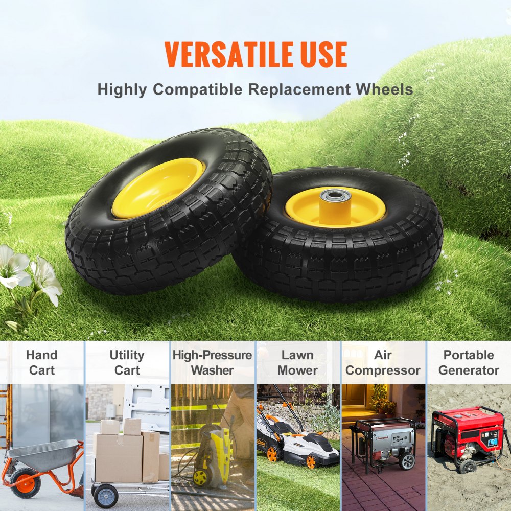 Solid PU Run-Flat Tire Wheel, 10", 2-Pack, 400 lbs Dynamic Load, 450 lbs Static Load, Flat Free Tubeless Tires and Wheels for Hand Truck, Utility Cart, Dollies, Garden Trailers, Various Carts