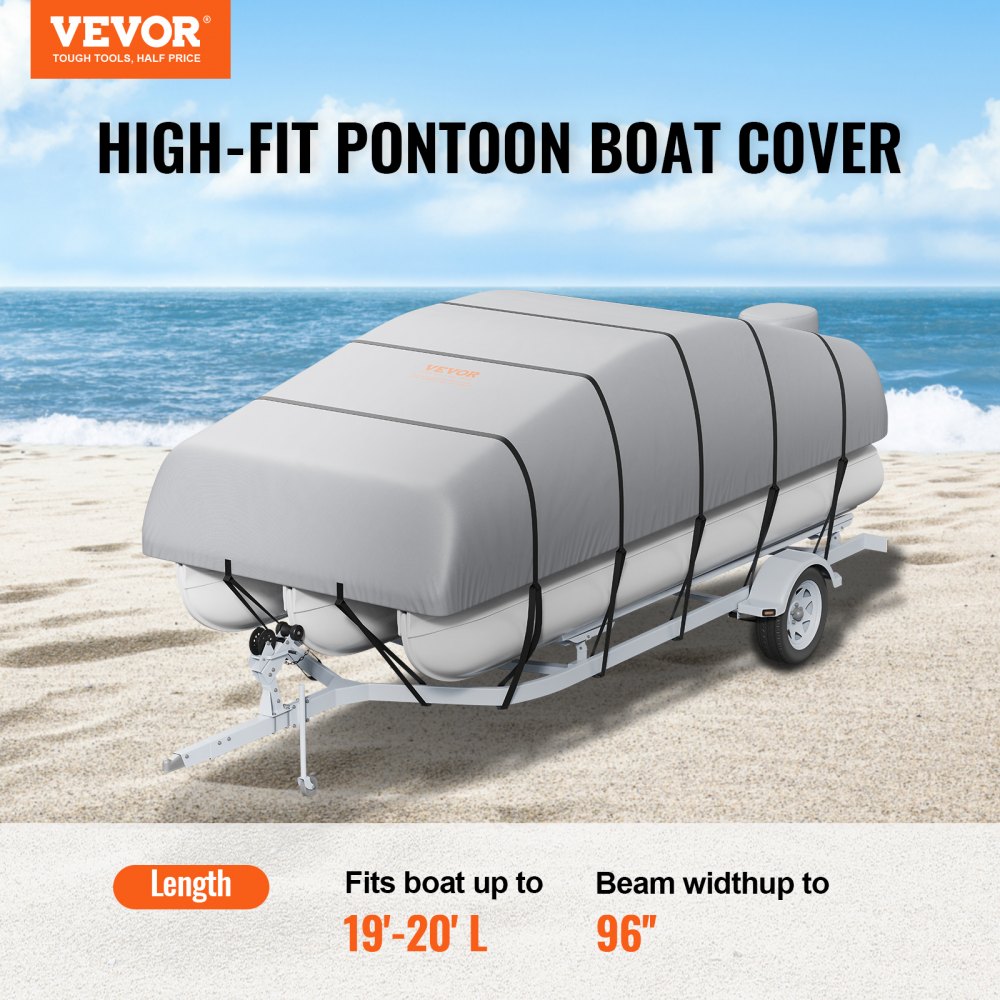 Pontoon Boat Cover, 19`-20` Waterproof Trailerable Pontoon Cover, 800D Marine Grade PU Oxford Fabric, with Motor Cover, 16 Windproof Buckle Straps, Fits for 19`-20`L, Beam Width to 96", Grey