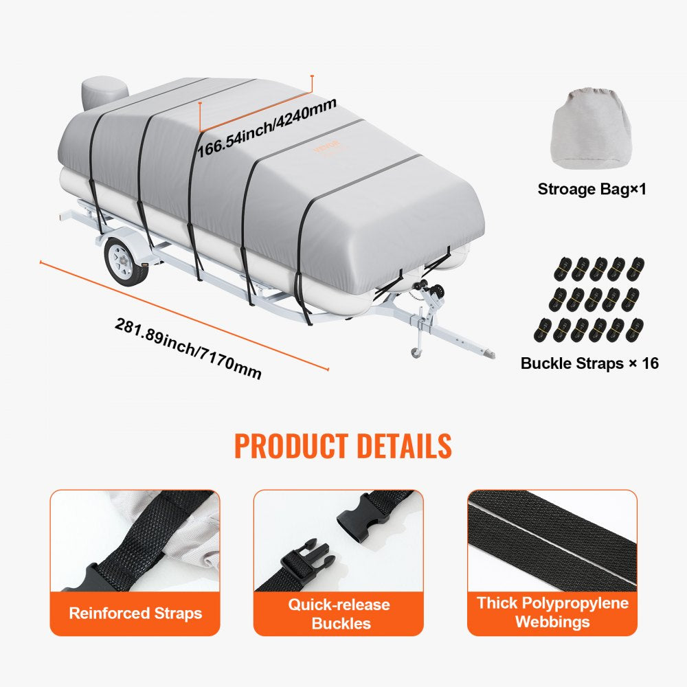 Pontoon Boat Cover, 19`-20` Waterproof Trailerable Pontoon Cover, 800D Marine Grade PU Oxford Fabric, with Motor Cover, 16 Windproof Buckle Straps, Fits for 19`-20`L, Beam Width to 96", Grey