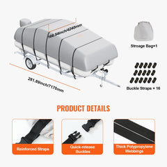 Pontoon Boat Cover, 19`-20` Waterproof Trailerable Pontoon Cover, 800D Marine Grade PU Oxford Fabric, with Motor Cover, 16 Windproof Buckle Straps, Fits for 19`-20`L, Beam Width to 96", Grey