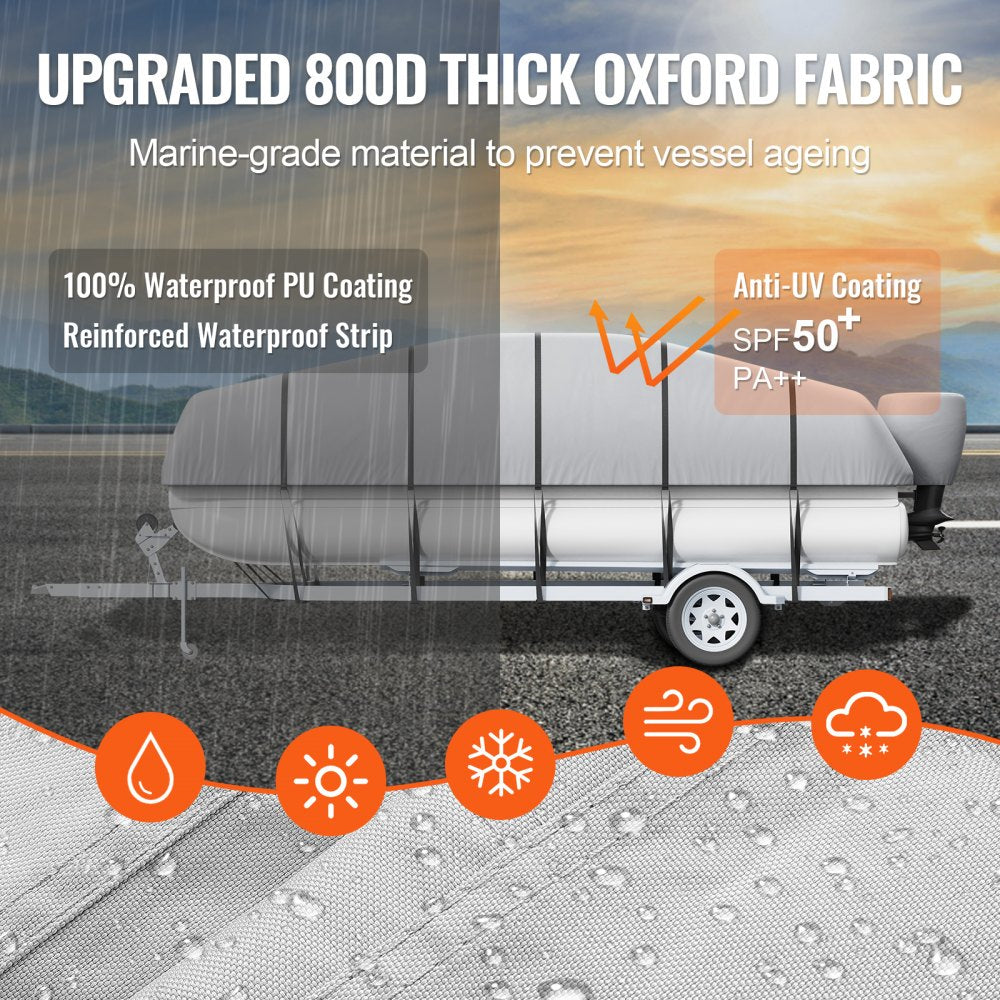Pontoon Boat Cover, 23`-24` Waterproof Trailerable Pontoon Cover, 800D Marine Grade PU Oxford Fabric, with Motor Cover, 16 Windproof Buckle Straps, Fits for 23`-24`L, Beam Width to 102", Grey