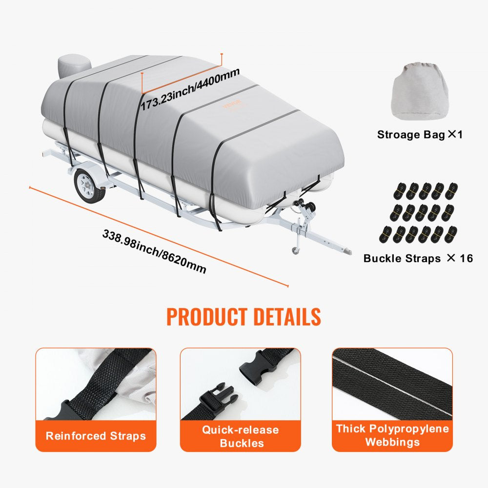 Pontoon Boat Cover, 23`-24` Waterproof Trailerable Pontoon Cover, 800D Marine Grade PU Oxford Fabric, with Motor Cover, 16 Windproof Buckle Straps, Fits for 23`-24`L, Beam Width to 102", Grey