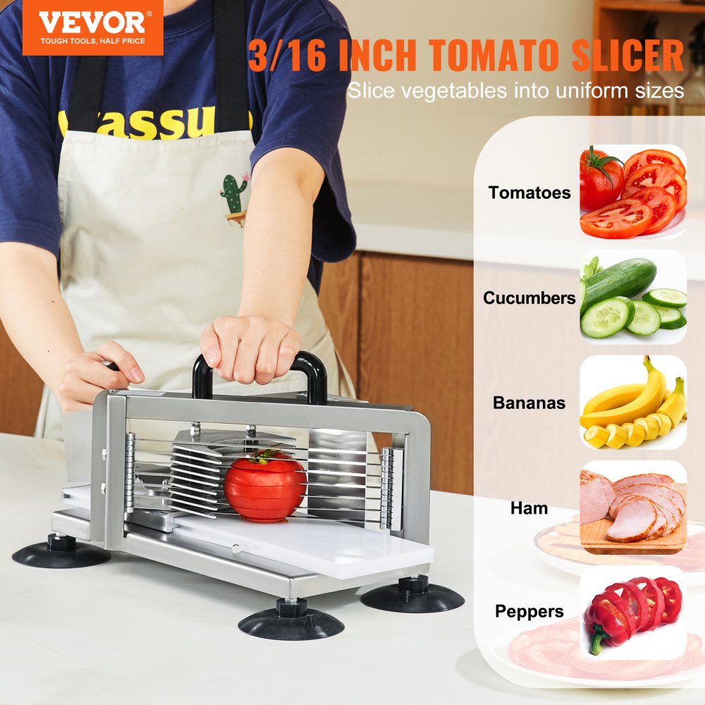 Commercial Tomato Slicer, 3/16 inch Tomato Cutter Slicer, Stainless Steel Heavy Duty Tomato Slicer Machine, Manual Tomato Slicer with Non-slip Feet, for Cutting Tomatoes, Cucumbers, Bananas