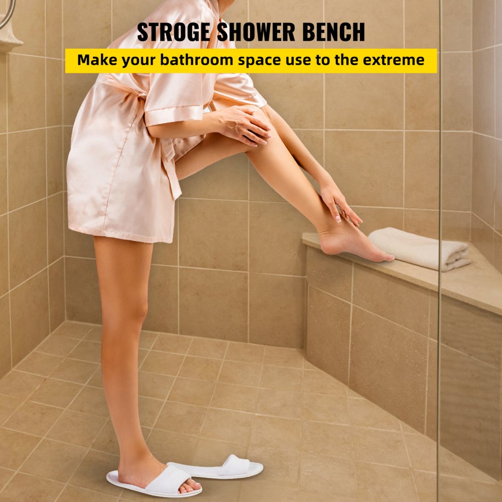 Corner shower seat made of EPS composite, designed for 440lbs capacity and waterproof use.