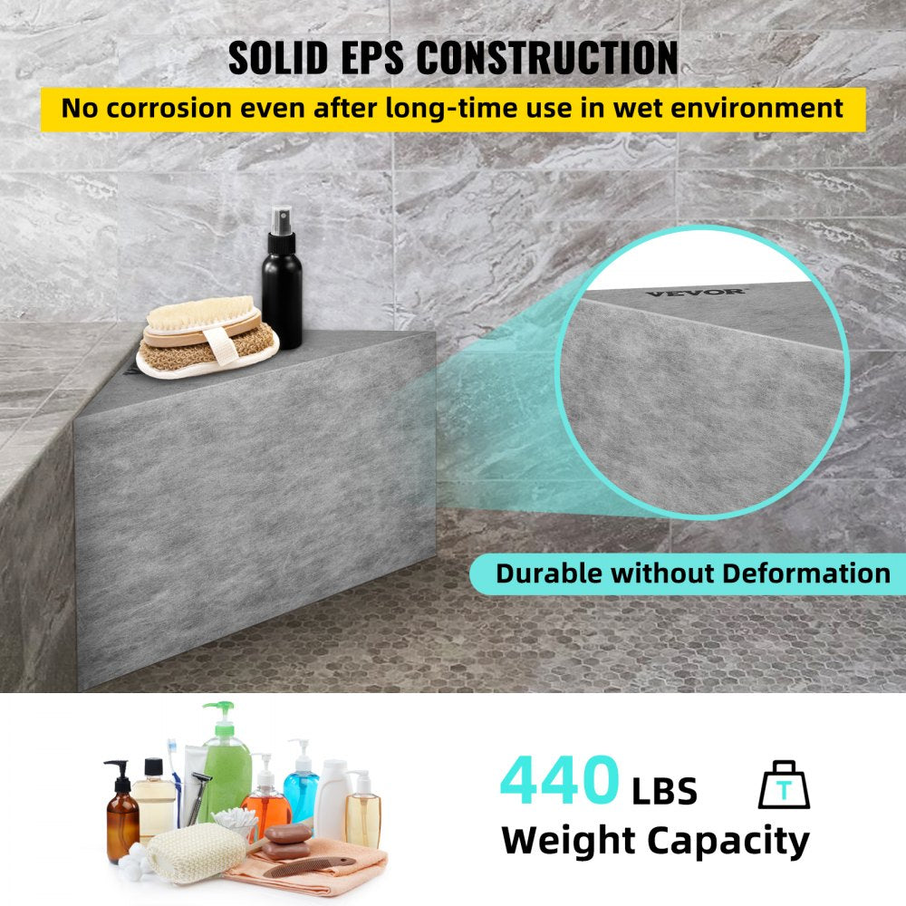 Corner shower seat made of EPS composite, supporting up to 440lbs with a waterproof design.