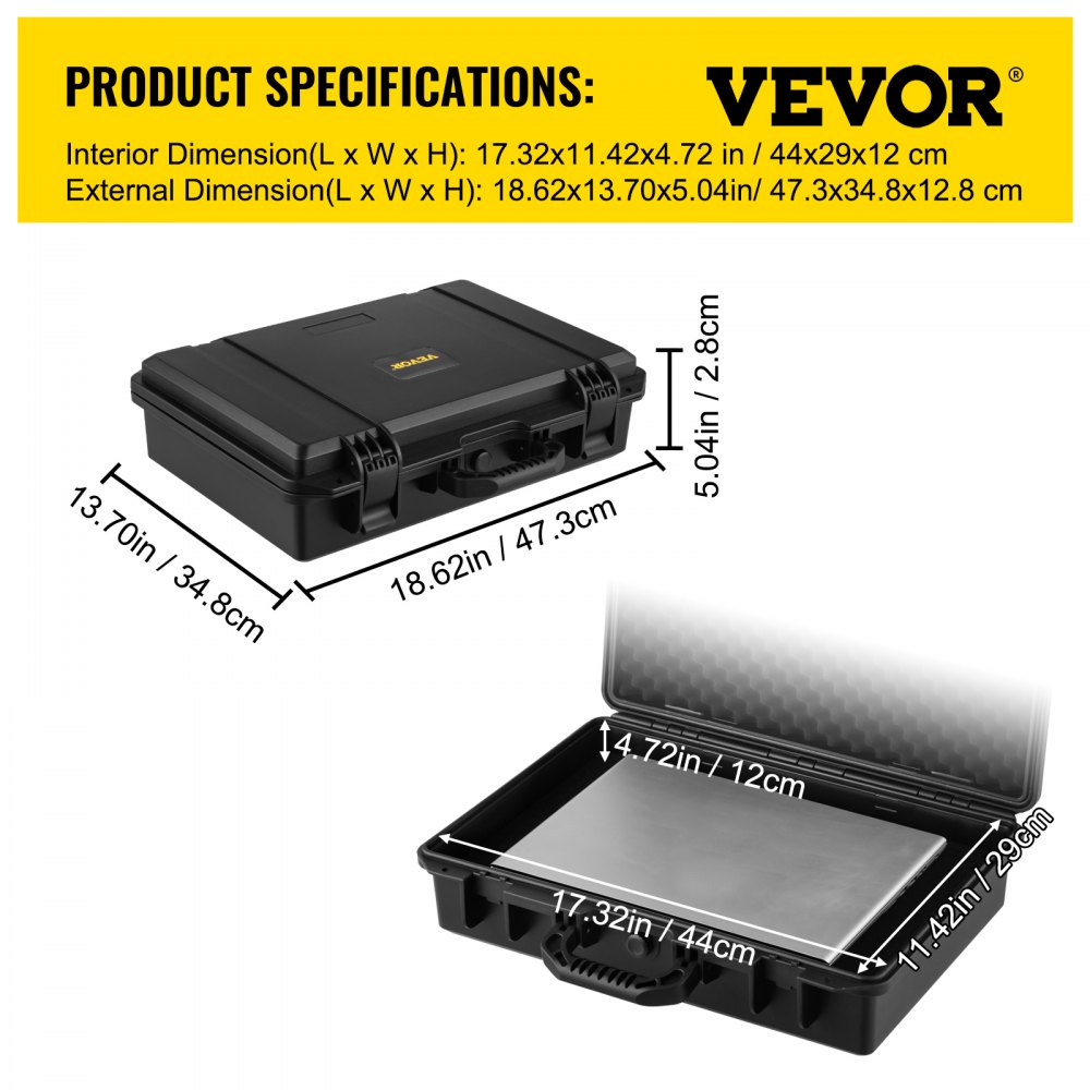 Waterproof Hard Case, 19 x 14 x 5 Inches, with Customizable Foam, Portable Protective Hard Camera Case, Shockproof for Laptop, Pistol, Camera, and More, Black