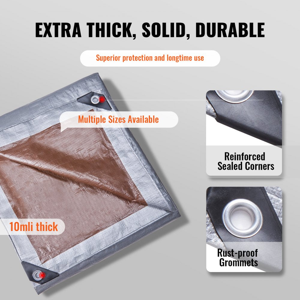 Tarp Waterproof 20x30 ft, Plastic Poly Tarp Cover 10 Mil, Multi Purpose Tear UV and Temperature Resistant Outdoor Tarpaulin with High Durability Reinforced Grommets (Silver/Brown)