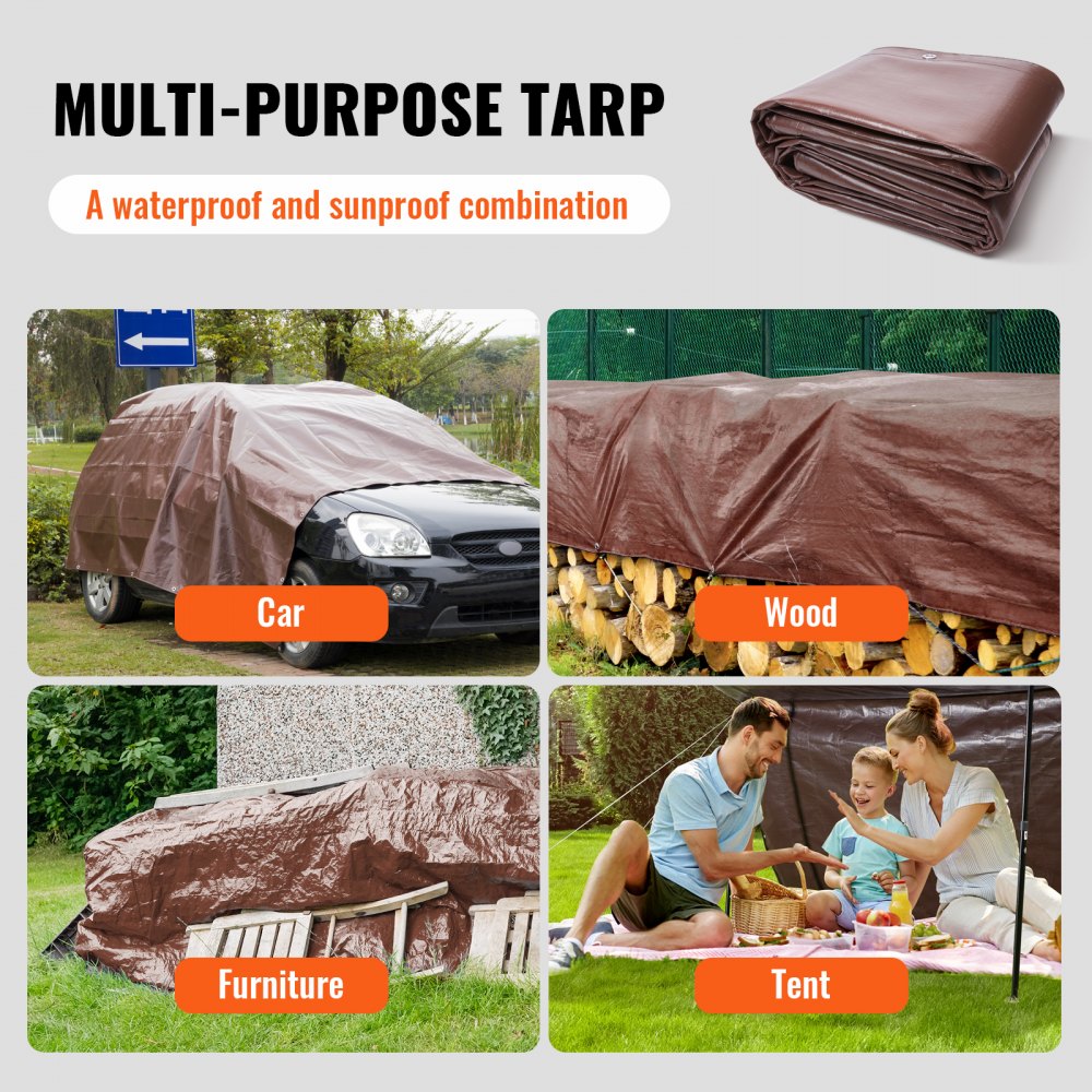 Tarp Waterproof 10x12 ft, 16 Mil Extra Thick Plastic Poly Blue Tarp Cover, Multi Purpose Tear UV and Temperature Resistant Outdoor Tarpaulin with Reinforced Grommets (Brown)