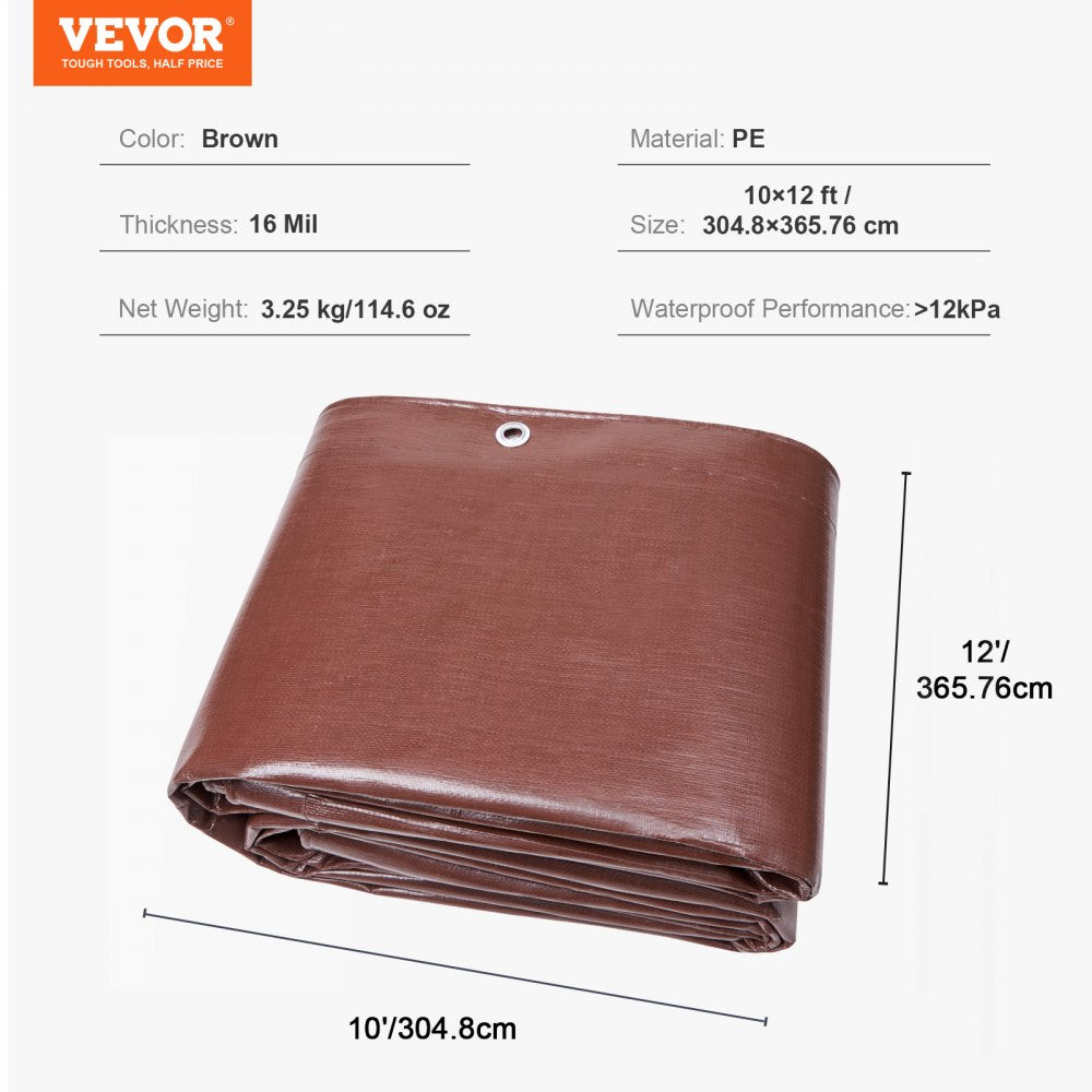 Tarp Waterproof 10x12 ft, 16 Mil Extra Thick Plastic Poly Blue Tarp Cover, Multi Purpose Tear UV and Temperature Resistant Outdoor Tarpaulin with Reinforced Grommets (Brown)