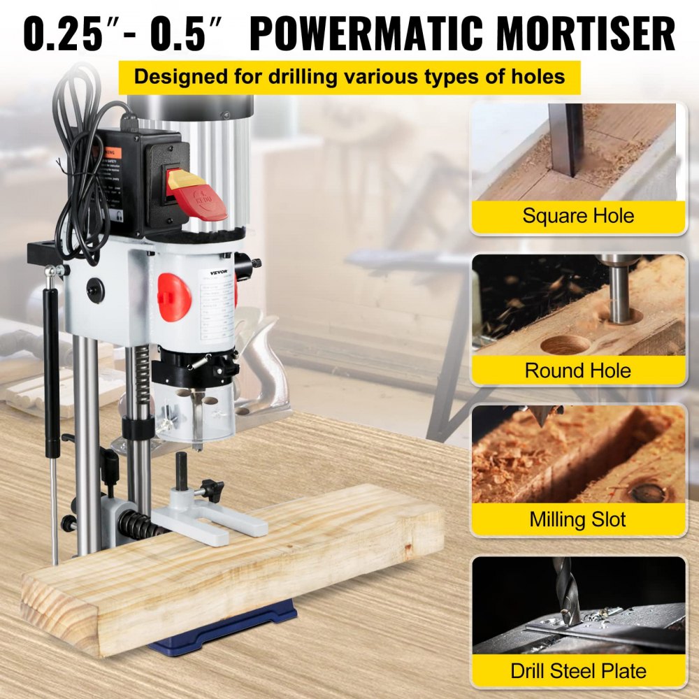 Bostome MS36127A3 hollow chisel mortiser with 1/2 HP cast iron base and chisel set.