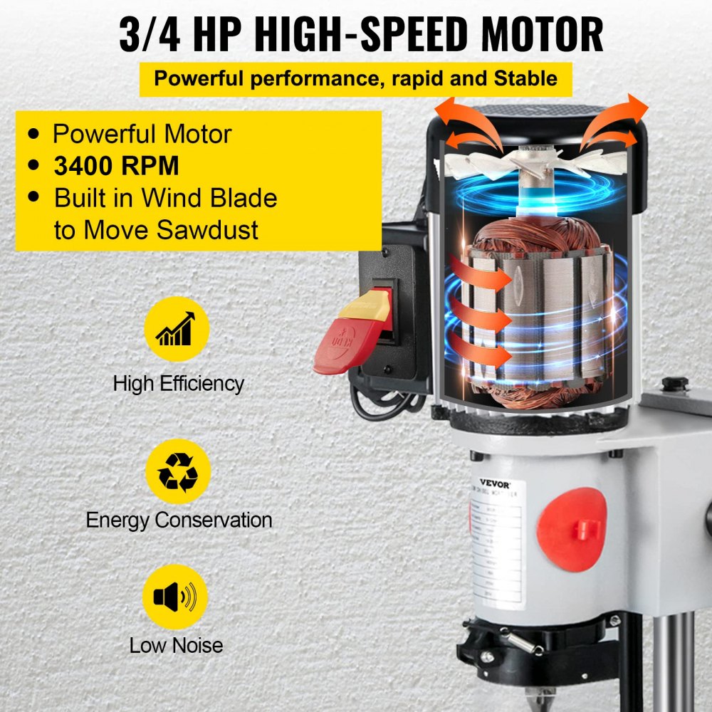 Hollow chisel mortiser machine with 1/2 HP cast iron base and 3400 RPM motor.