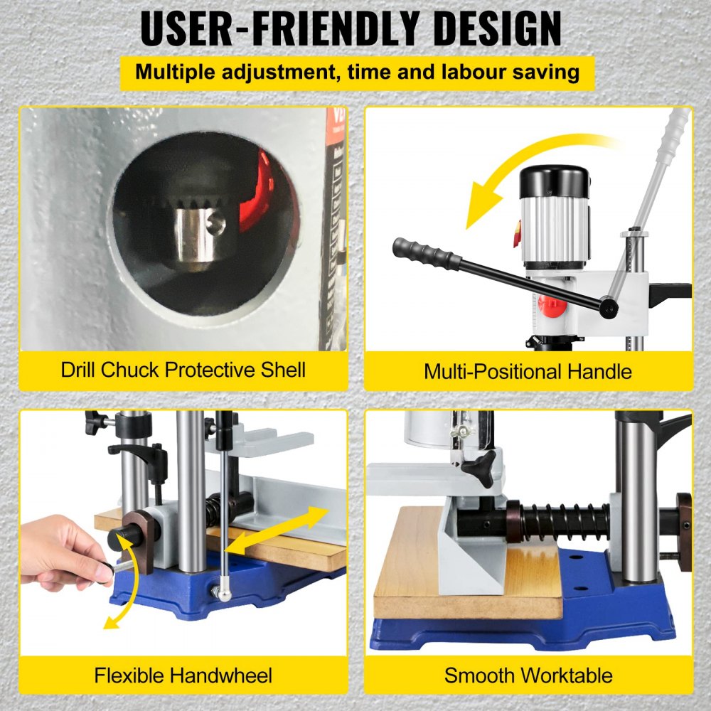 Bostome MS36127A3 hollow chisel mortiser with cast iron base, adjustable handle, drill chuck, and smooth worktable.