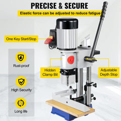 Bostome MS36127A3 hollow chisel mortiser with 1/2 HP cast iron base, adjustable depth stop, and safety key.