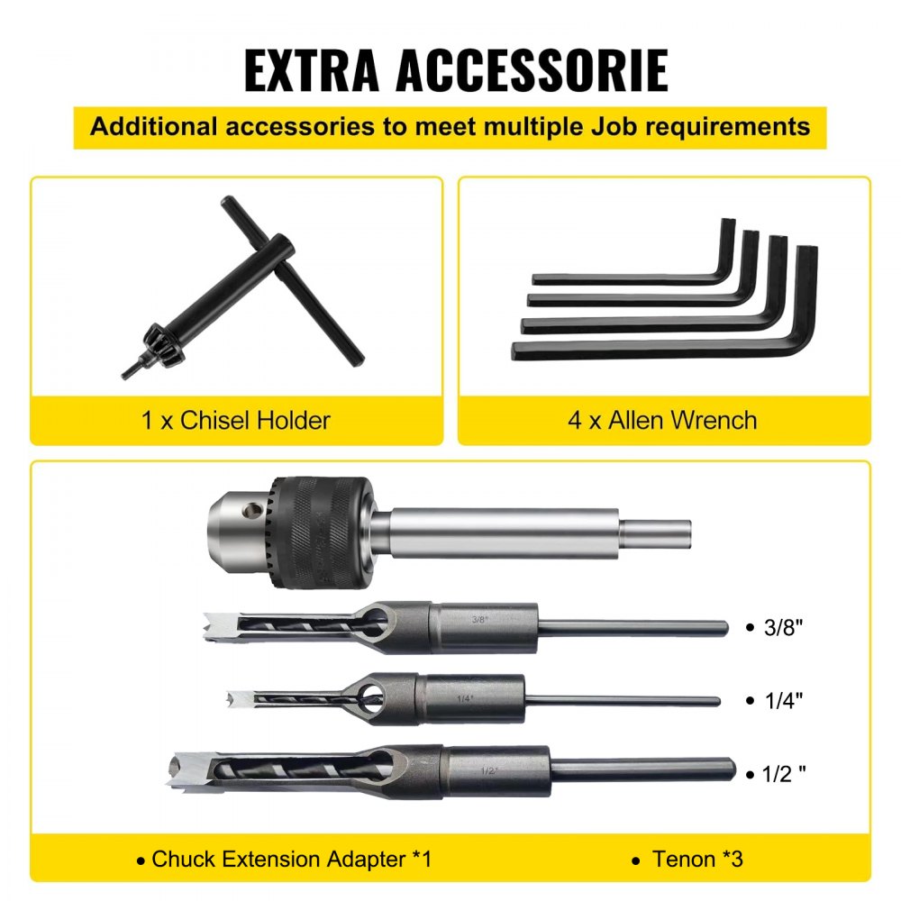 Image of extra accessories for hollow chisel mortiser: chisel holder, 4 Allen wrenches, chuck extension adapter, and tenon set.