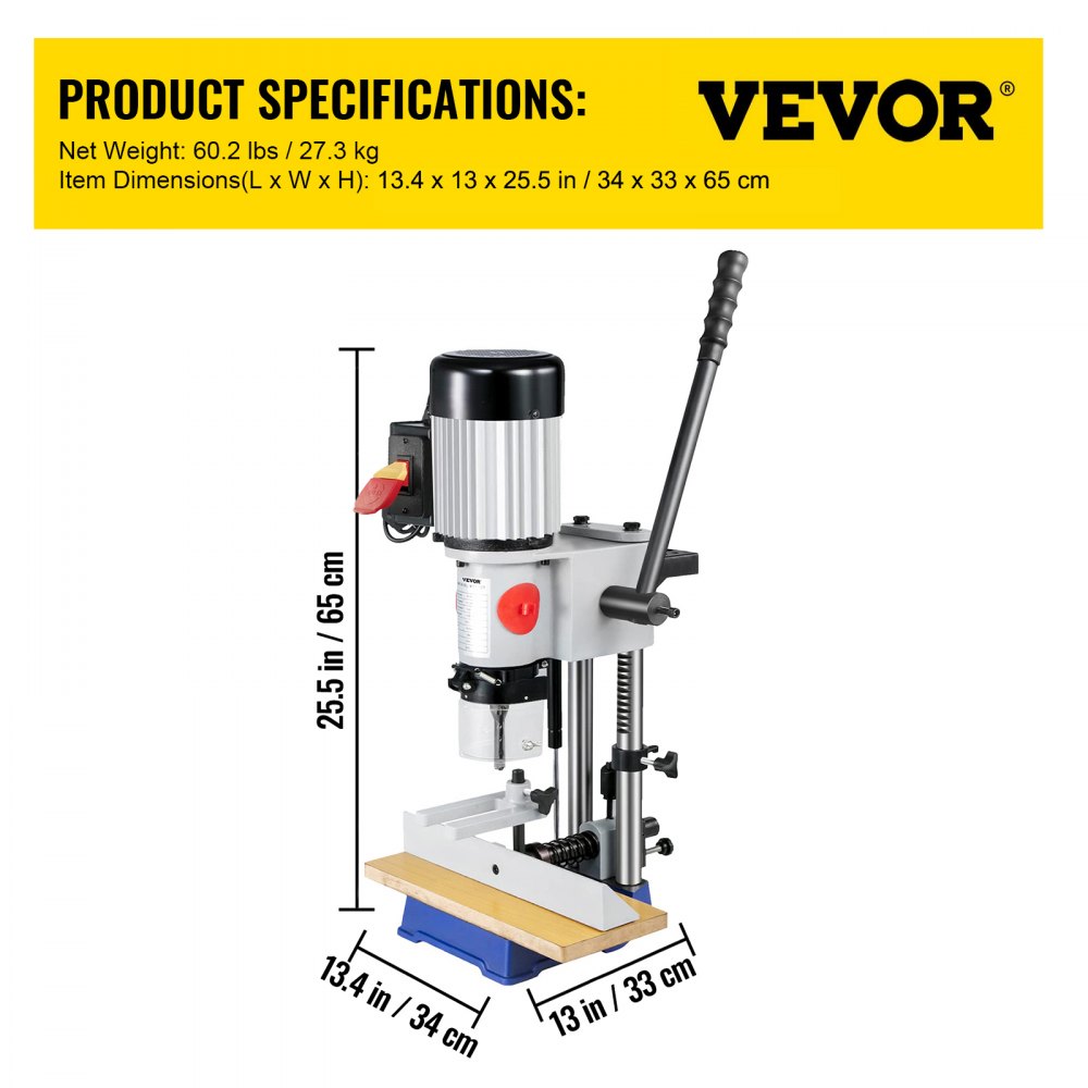 Bostome MS36127A3 hollow chisel mortiser machine with 1/2 HP motor and cast iron base, showing dimensions.