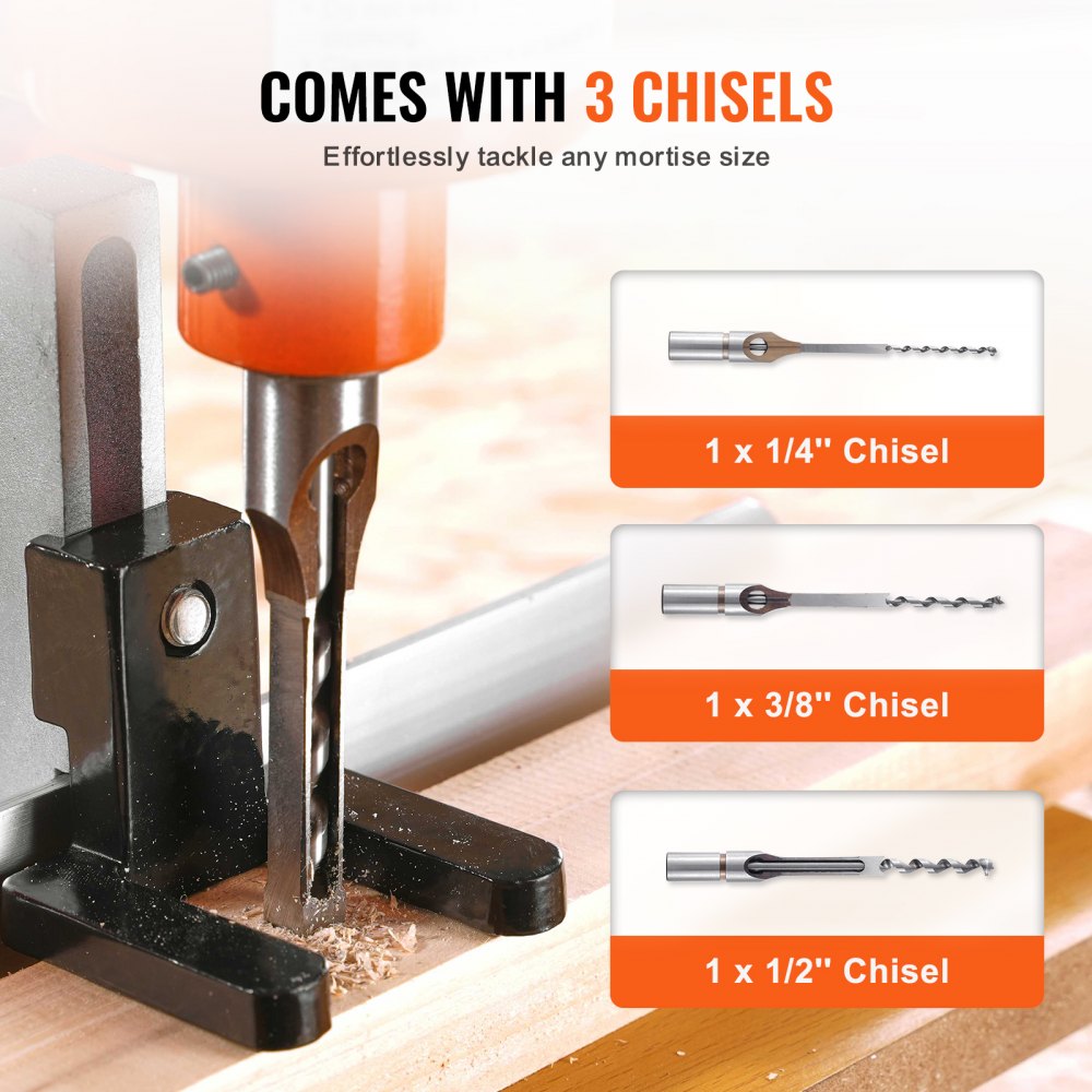 Bostome Benchtop Mortise Machine with a 370W motor and included chisels for woodworking tasks.