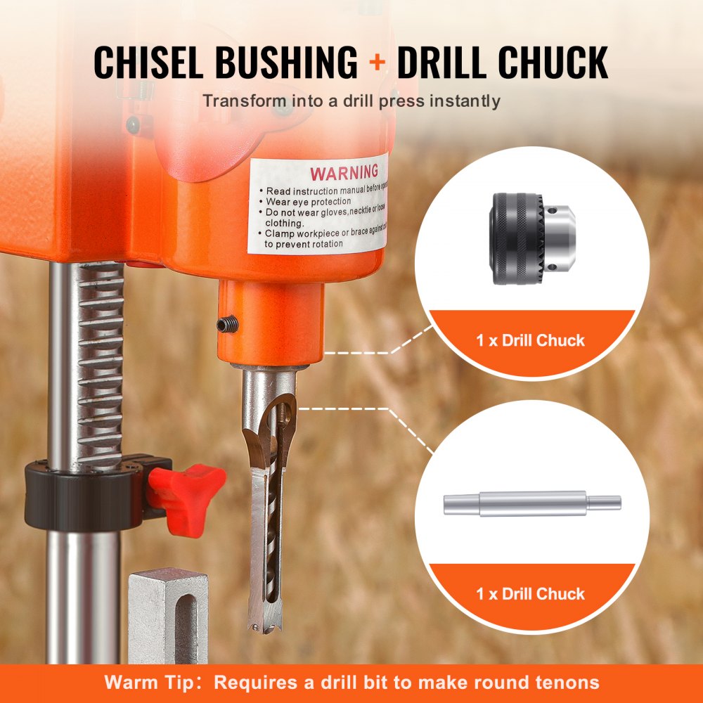 Bostome Benchtop Mortise Machine with a 370W motor and included chisels for woodworking tasks.