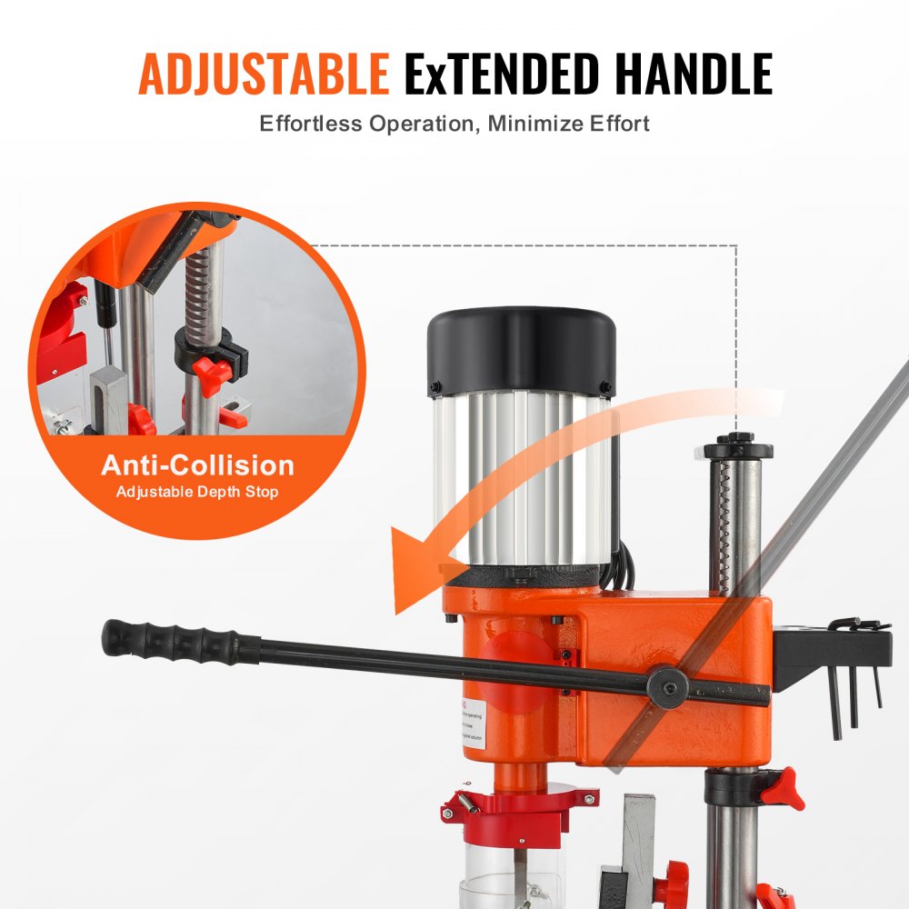 Bostome Benchtop Mortise Machine with adjustable handle and included chisels for woodworking.